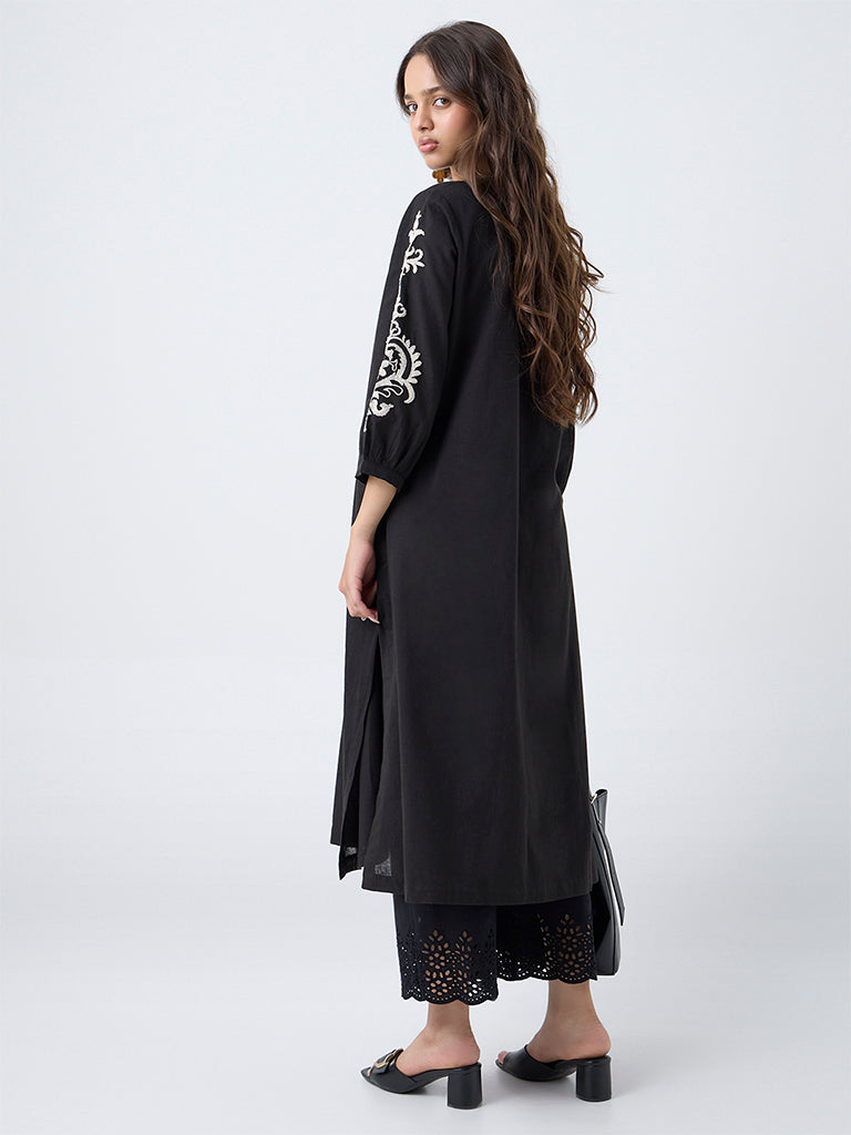 Utsa Black Embroidered Cotton A-Line Kurta