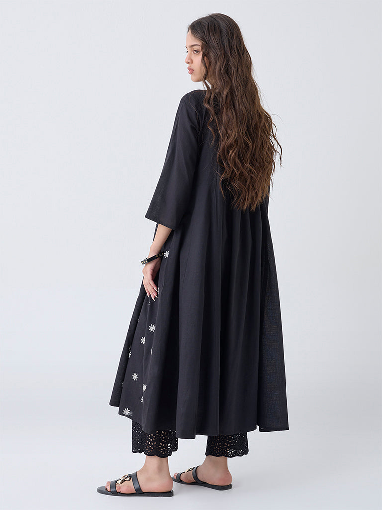 Utsa Black Embroidered Anarkali Cotton Kurta