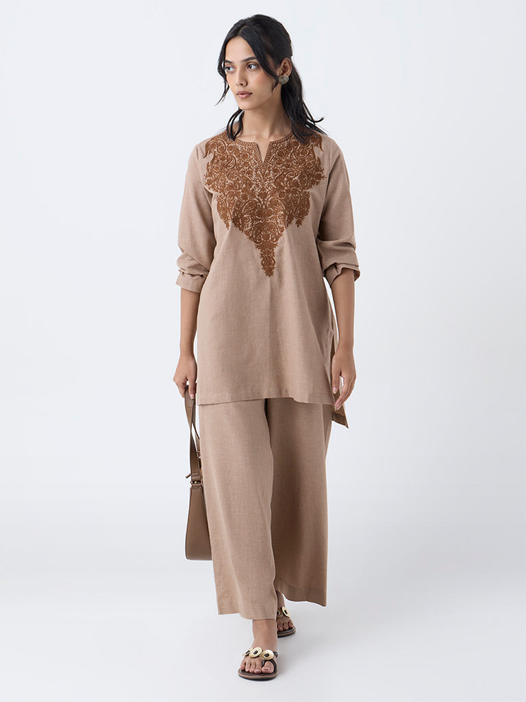Utsa Light Brown Paisley Embroidered Cotton Tunic