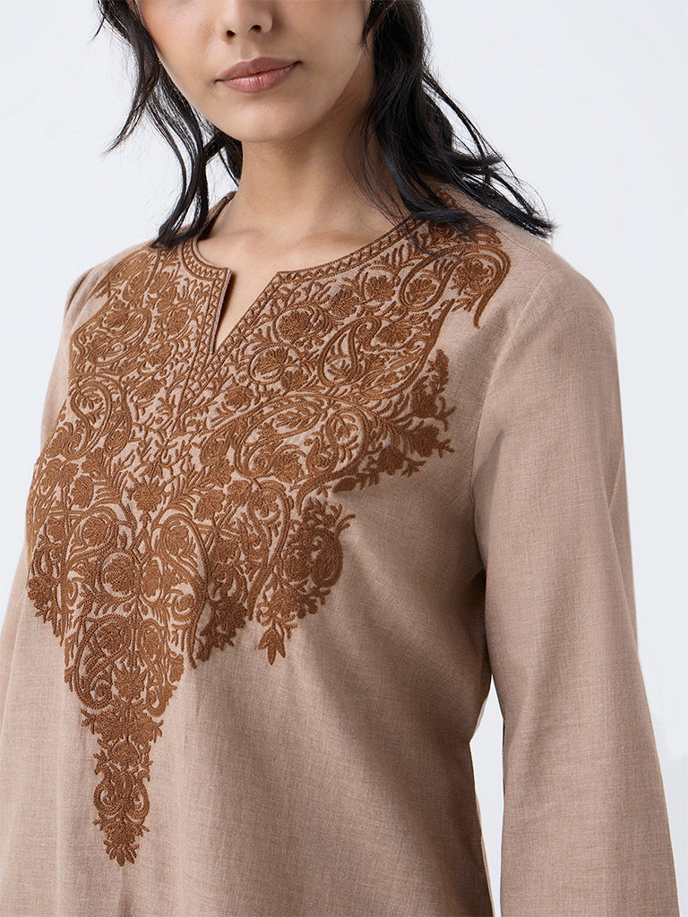 Utsa Light Brown Paisley Embroidered Cotton Tunic