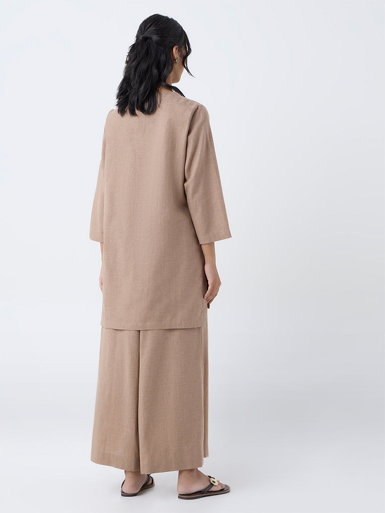 Utsa Light Brown Paisley Embroidered Cotton Tunic