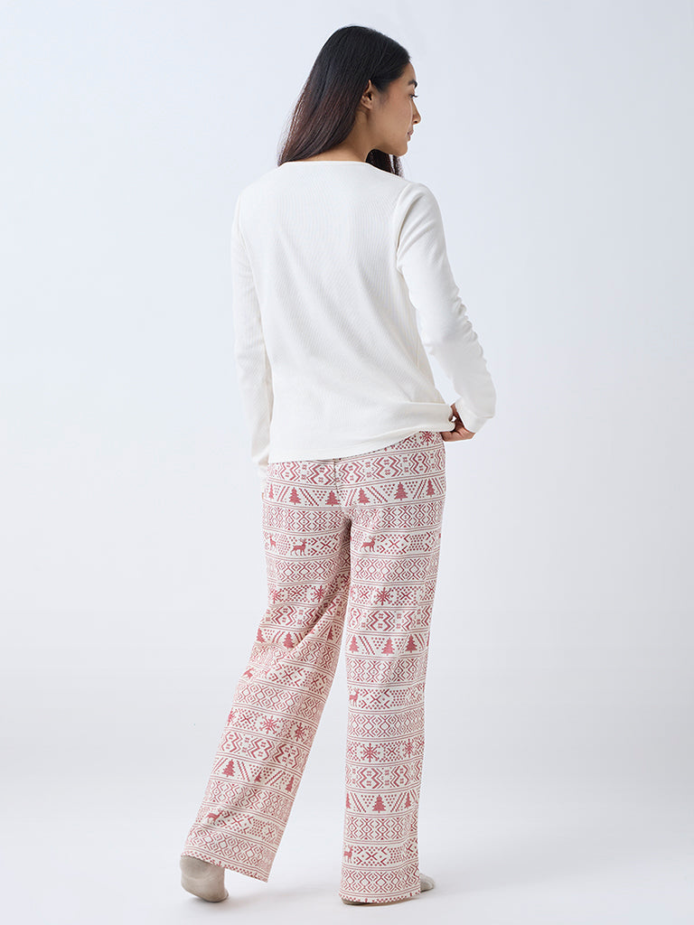 Wunderlove Off-White Christmas-Inspired High-Rise Pants