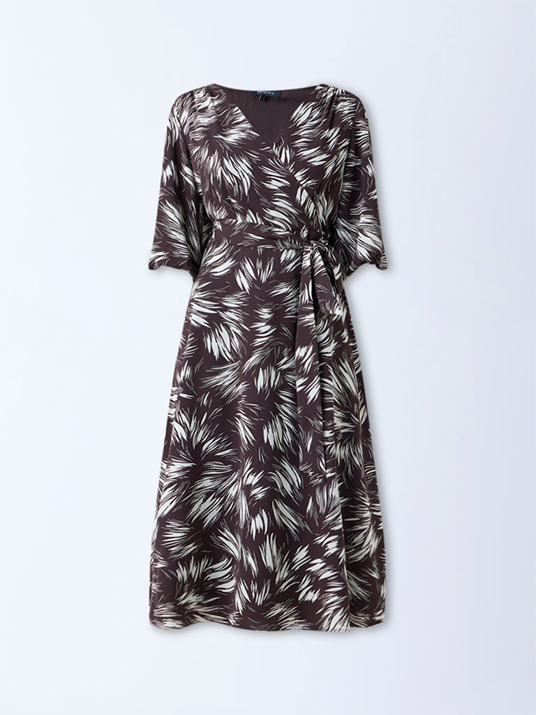 Wardrobe Dark Brown Printed Wrap-Style Dress with Belt