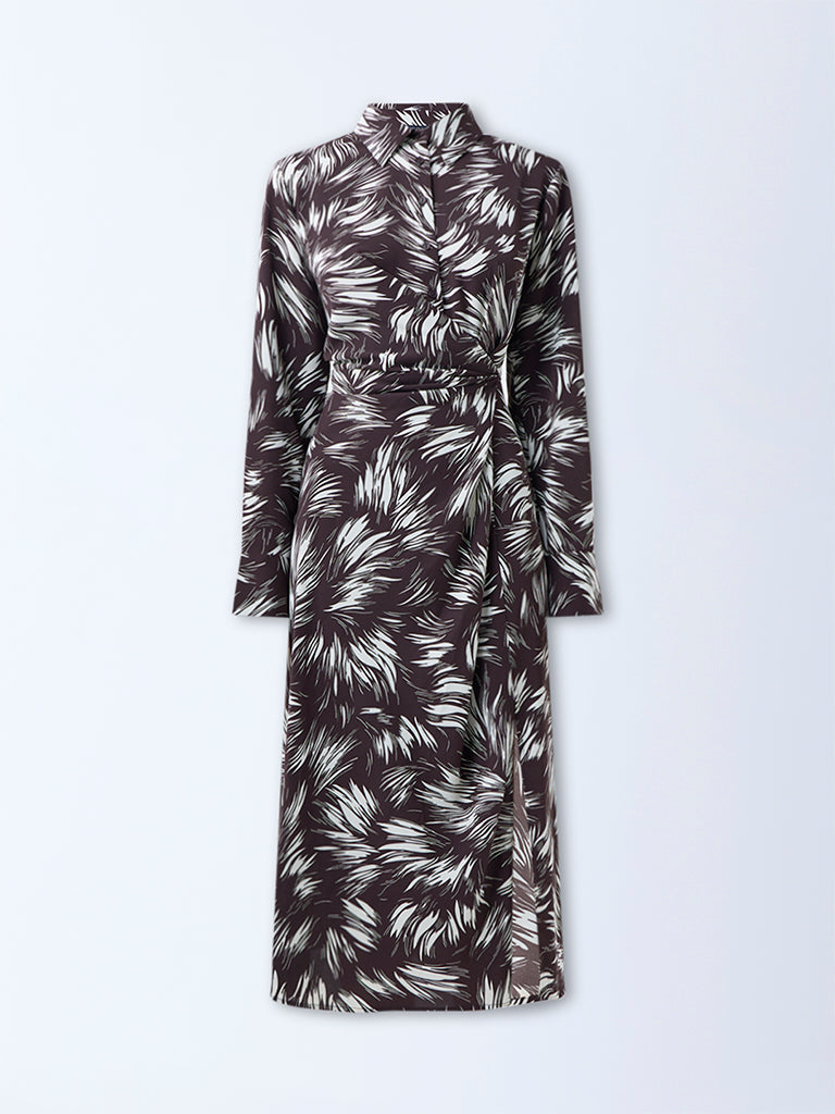 Wardrobe Brown Printed Ruched A-Line Dress