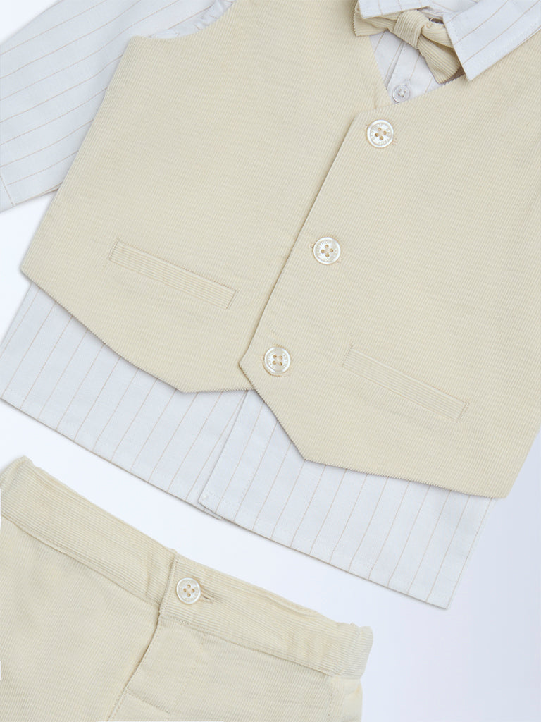 HOP Baby Beige Solid Cotton Shirt, Waistcoat, Pants and Bow Set