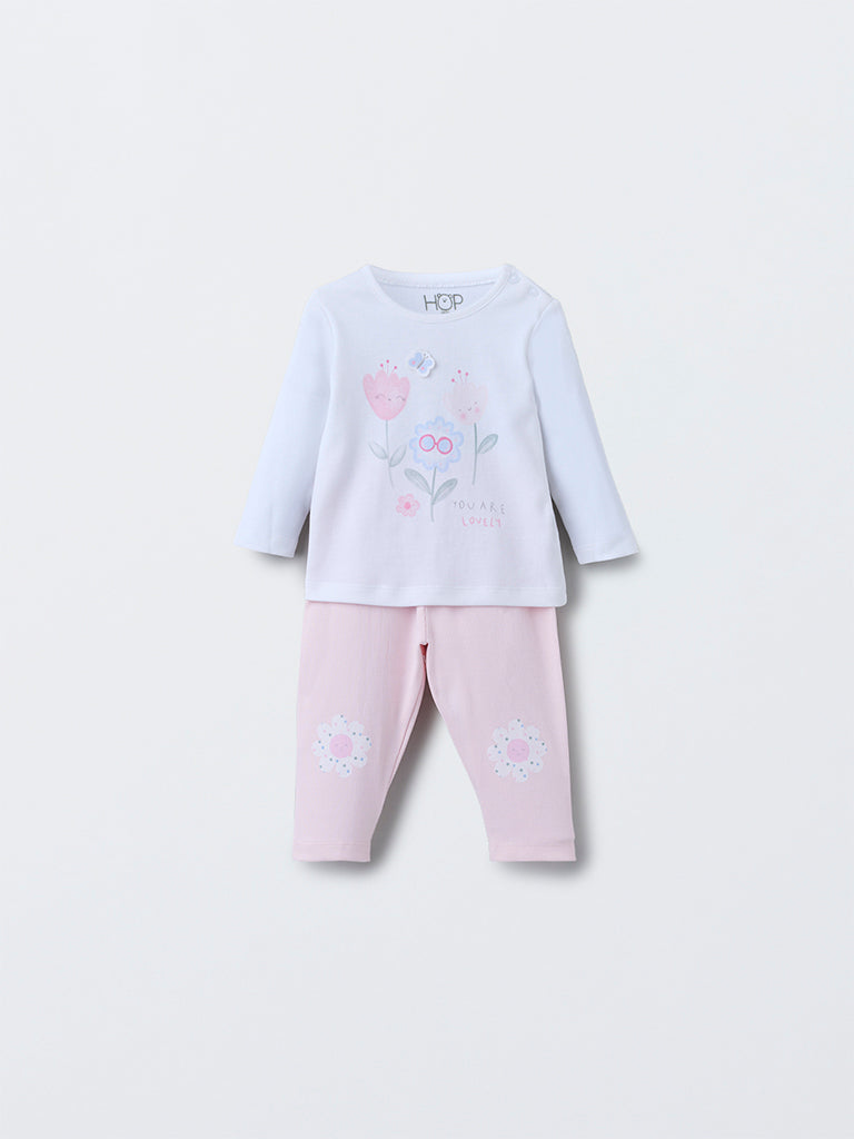 HOP Baby Pink Floral Design Cotton T-Shirt with Pants Set
