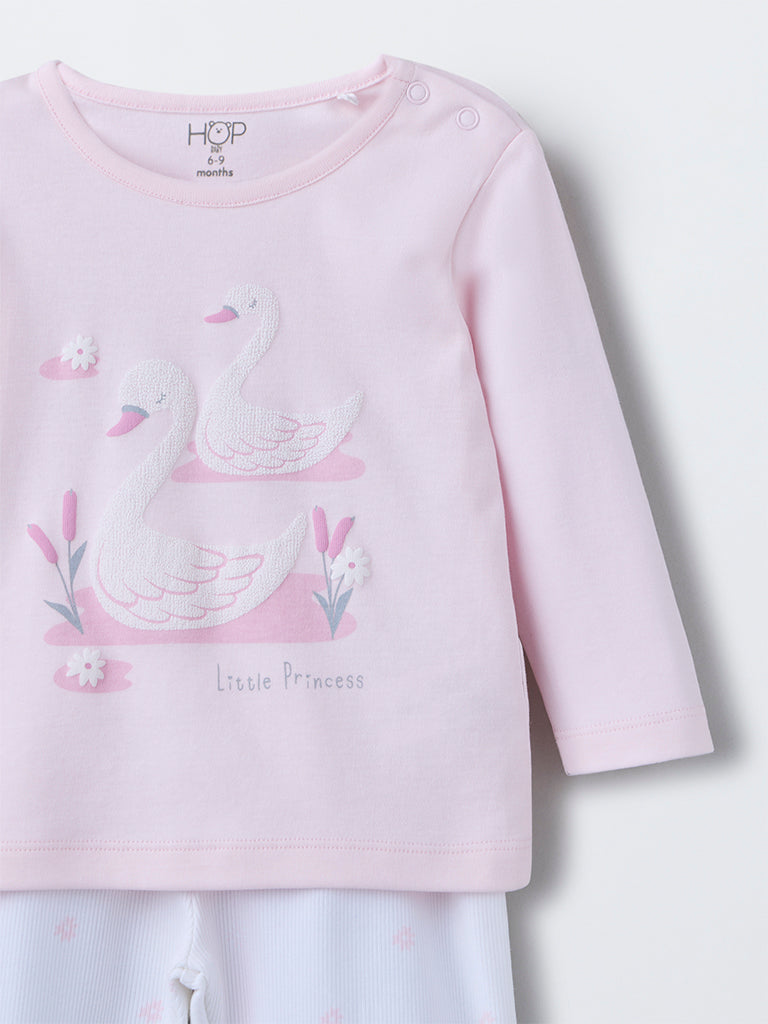 HOP Baby Pink Swan Design Cotton T-Shirt with Pants Set