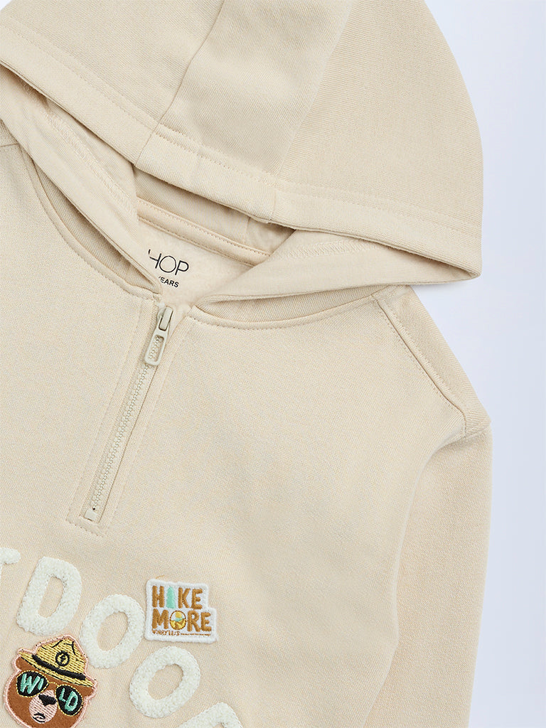 HOP Kids Boys Beige Embroidered Hooded Cotton-Blend Sweatshirt