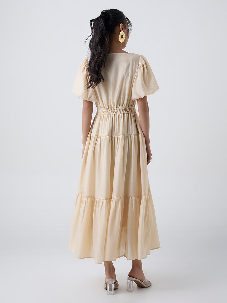 LOV Cream Solid Tiered Dress