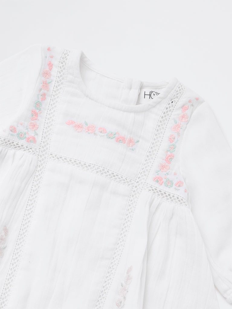 HOP Baby Girls White Floral Embroidered A-Line Cotton Dress