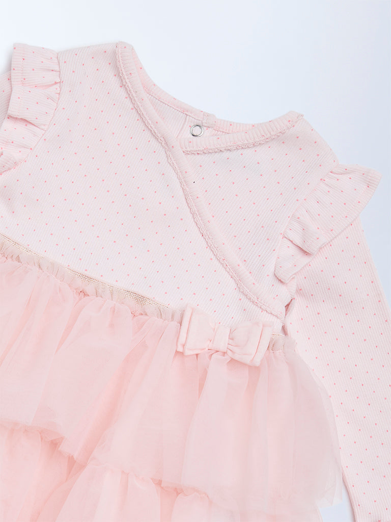 HOP Baby Girls Pink Printed Cotton-Blend Tiered Dress