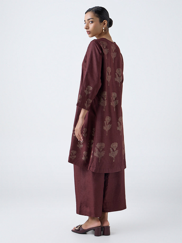 Zuba Brown Floral Printed A-Line Kurta