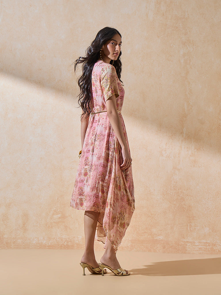 Printed Draped Pink Dress