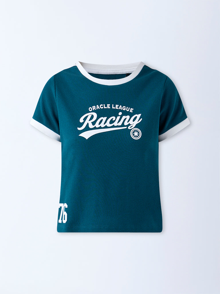 Studiofit Teal Text Printed Cotton-Blend T-Shirt