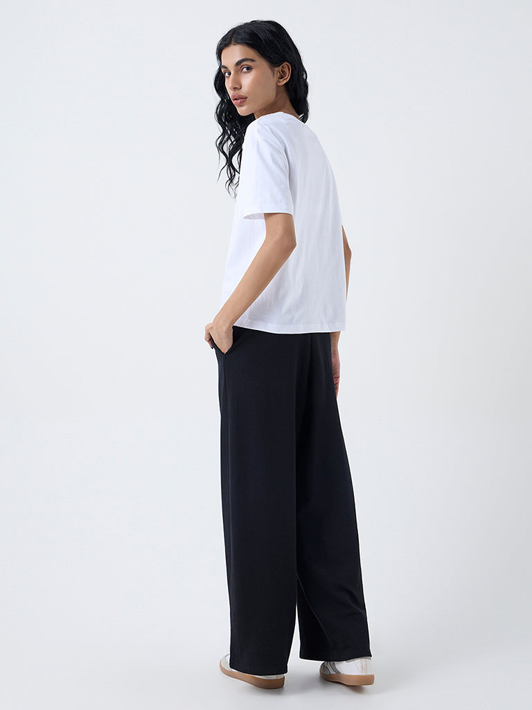 Studiofit White Text Printed Cotton T-Shirt
