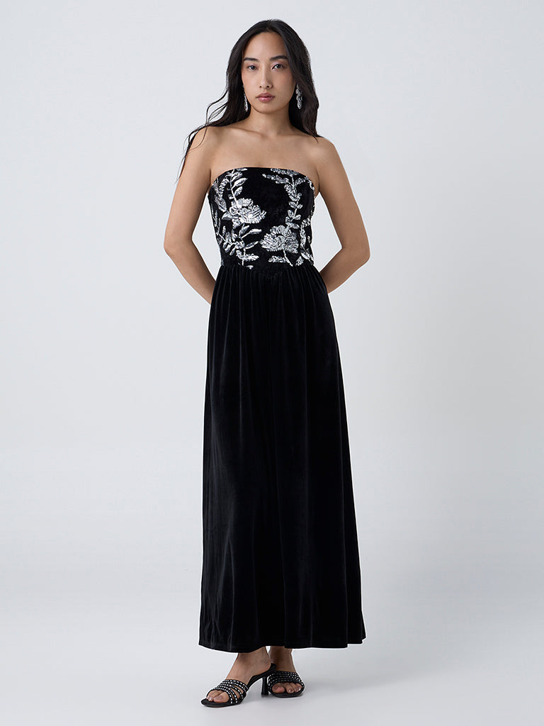 Buy LOV Black Sequin Embellished Velvet Tube Dress from Westside
