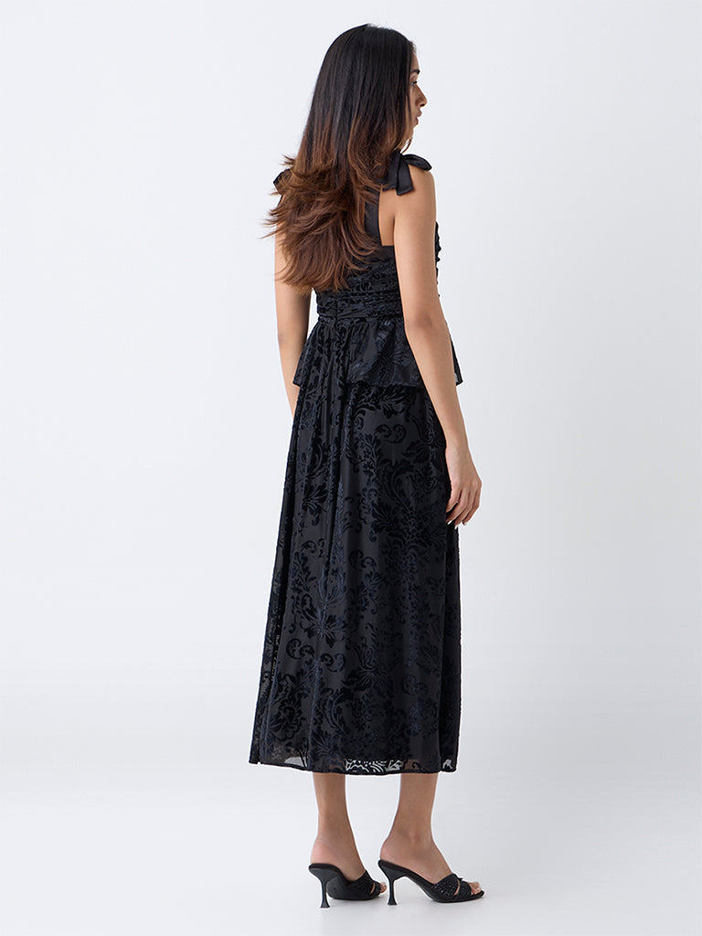 LOV Black Self-Patterned Velvet A-Line Dress