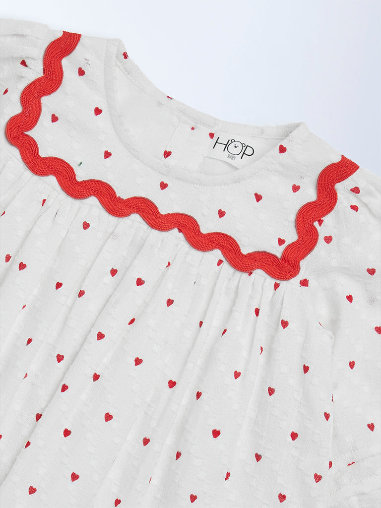 HOP Baby Girls Off-White Heart Printed A-Line Dress