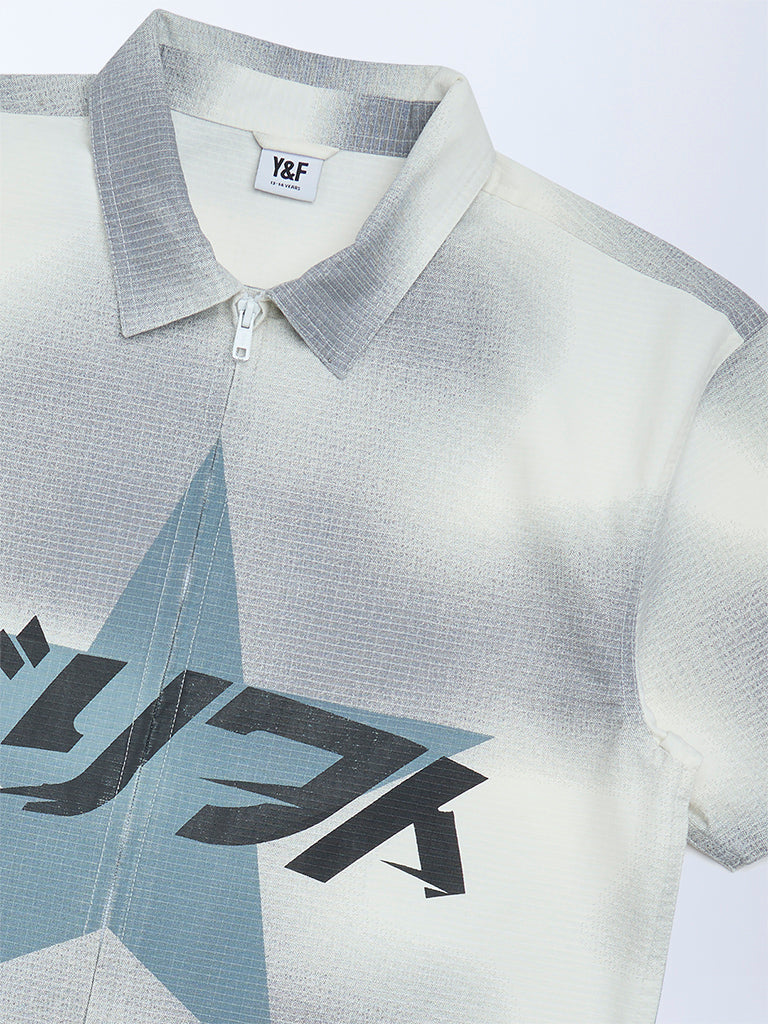 Boys Grey Printed Resort-Fit Cotton Shirt