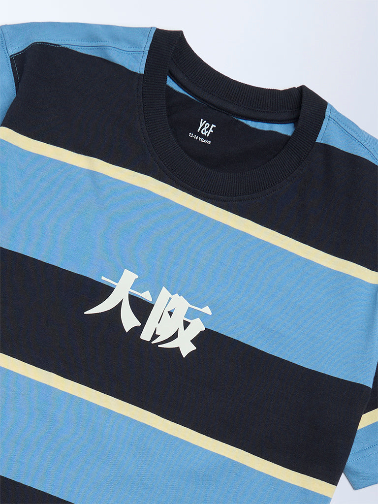 Boys Blue Colour-Blocked Cotton T-Shirt