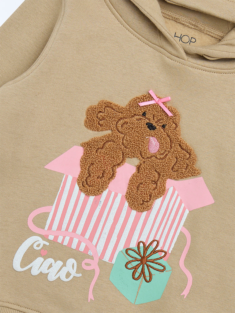 HOP Kids Girls Taupe Printed Cotton-Blend Hoodie