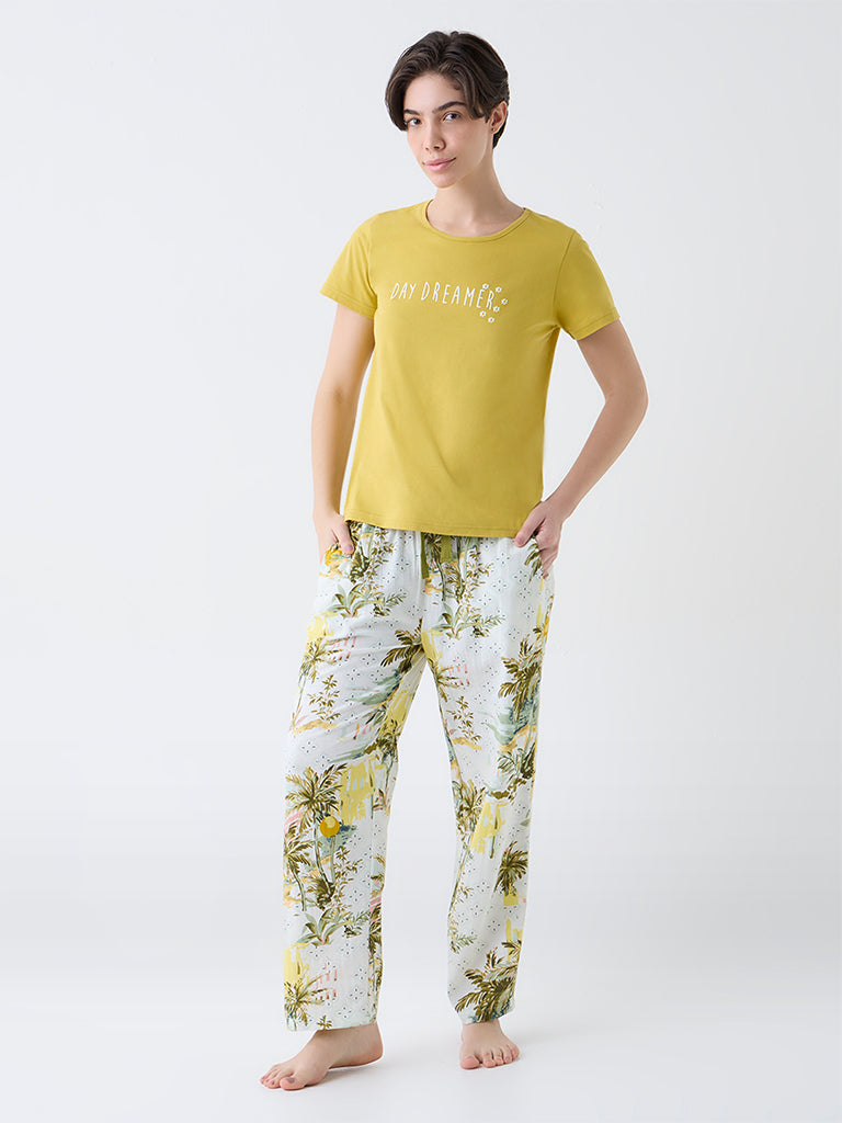 Wunderlove Green Botanical Design High-Rise Lounge Pants