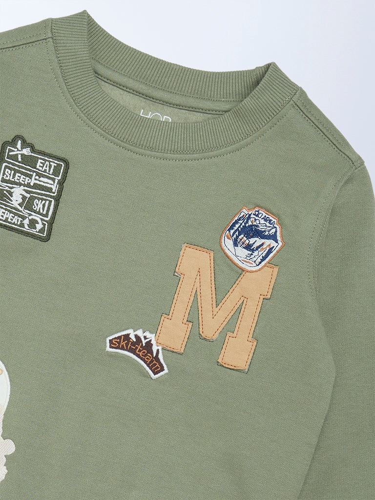 HOP Kids Boys Olive Printed Cotton-Blend Sweatshirt