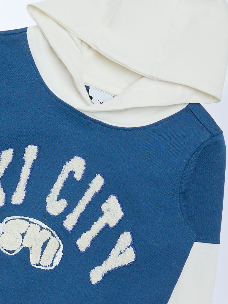 HOP Kids Boys Blue Text Design Hooded Cotton-Blend Sweatshirt