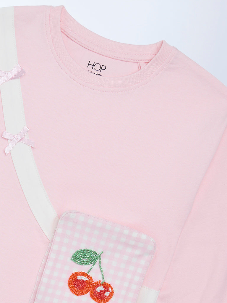 HOP Kids Girls Light Pink Pouch-Detailed Cotton Top