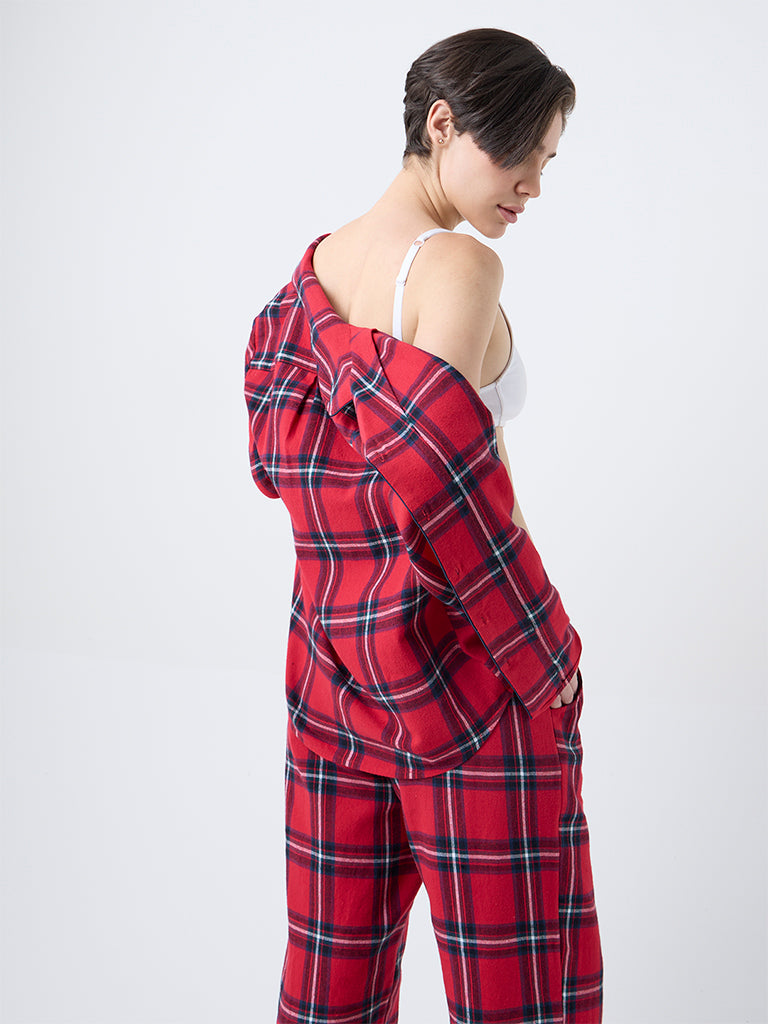 Wunderlove Red Checkered Cotton Shirt and Pyjamas Set
