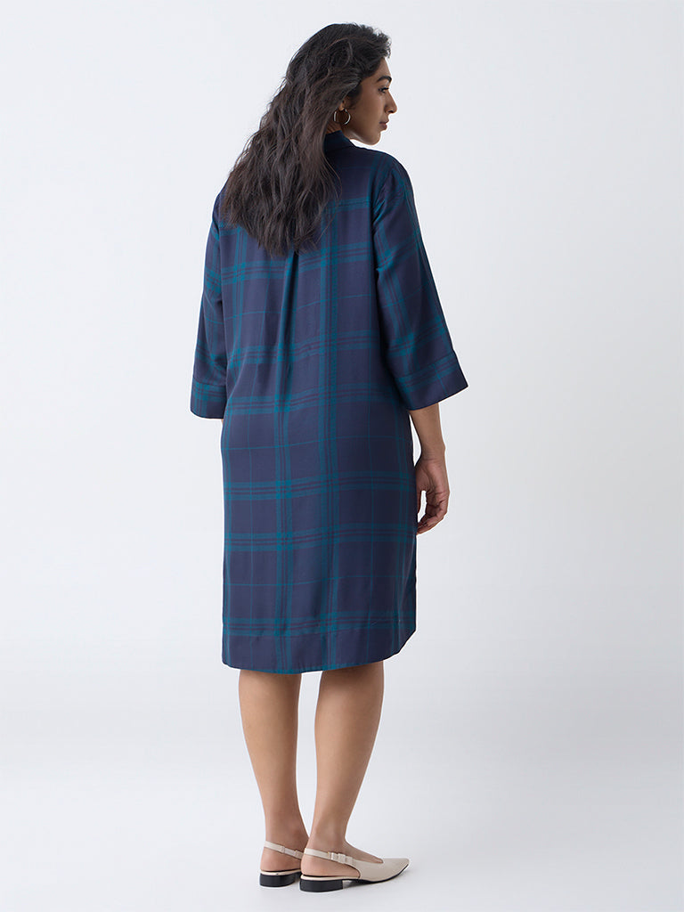 Gia Navy Check Design Quarter-Zip A-Line Dress