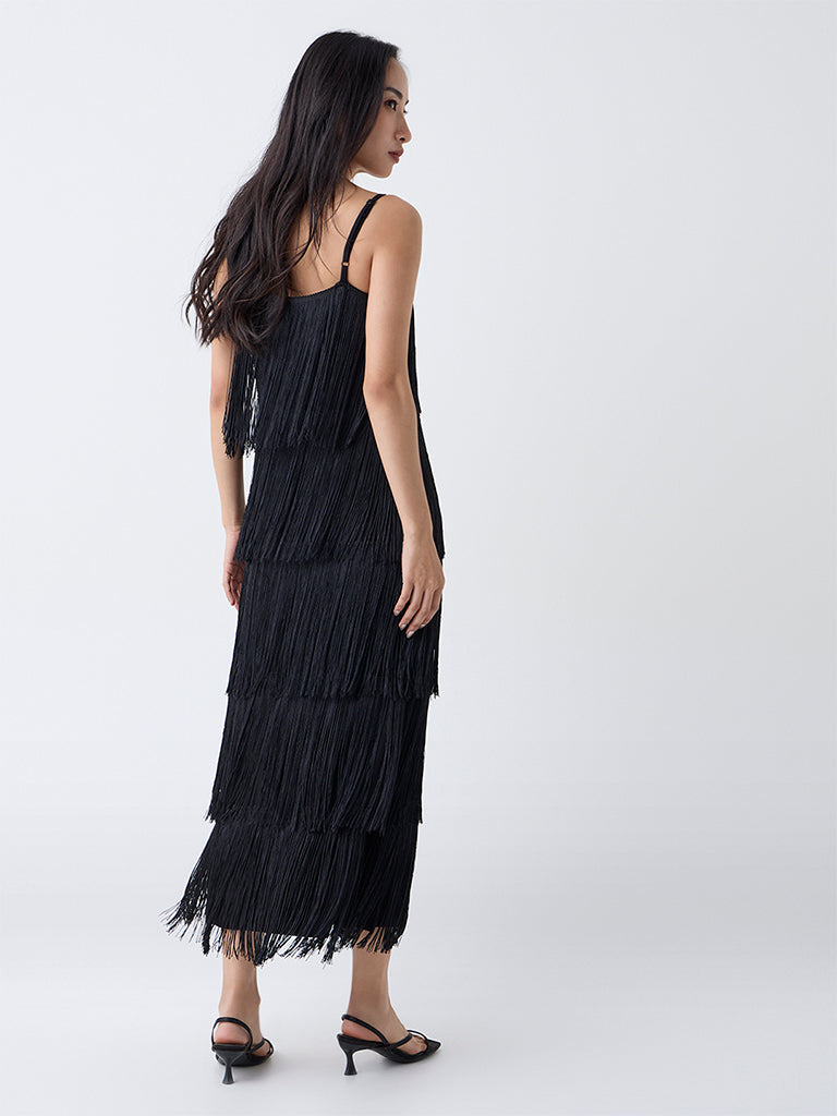 LOV Black Fringe-Detailed Straight Dress