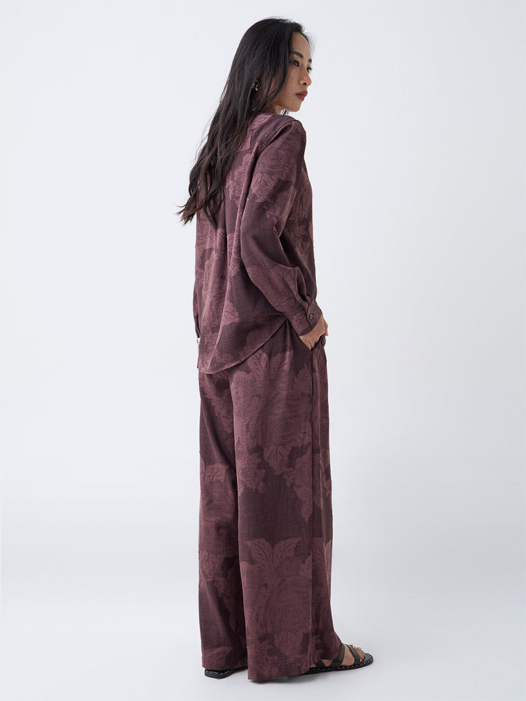 LOV Dark Brown Floral Design High-Rise Pants