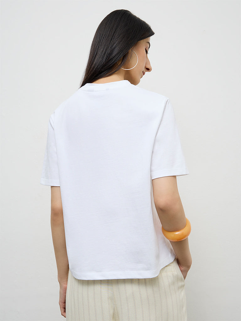 Nuon White Printed Cotton T-Shirt