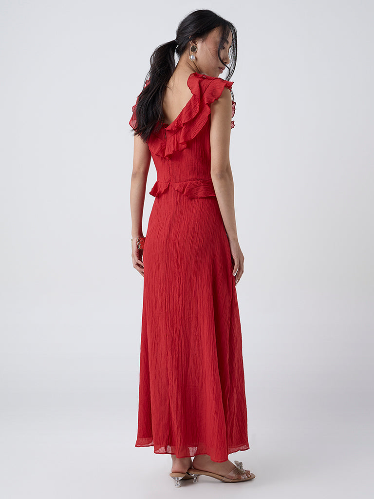 LOV Red Ruffle Detailed A-Line Cotton Dress