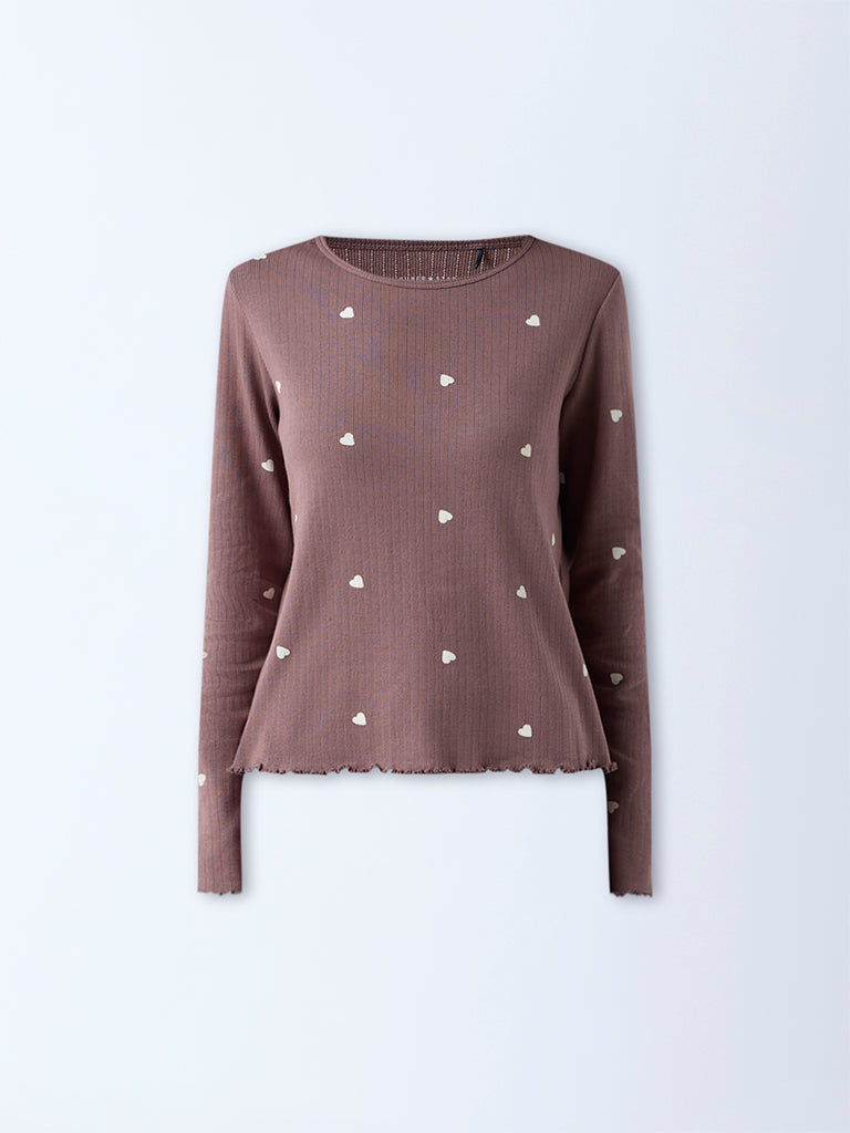 Superstar Brown Heart-Printed Cotton-Blend Top