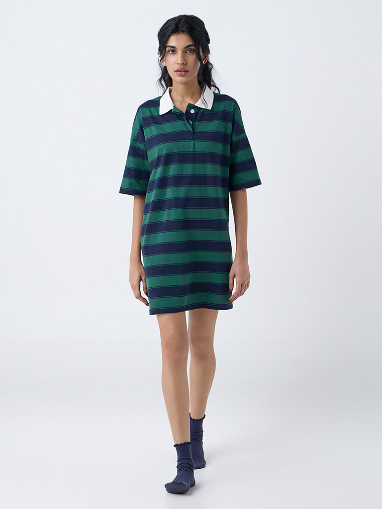Superstar Green Striped Drop Shoulder Cotton T-Shirt Dress