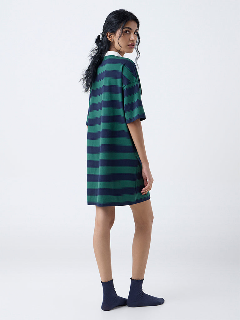 Superstar Green Striped Drop Shoulder Cotton T-Shirt Dress
