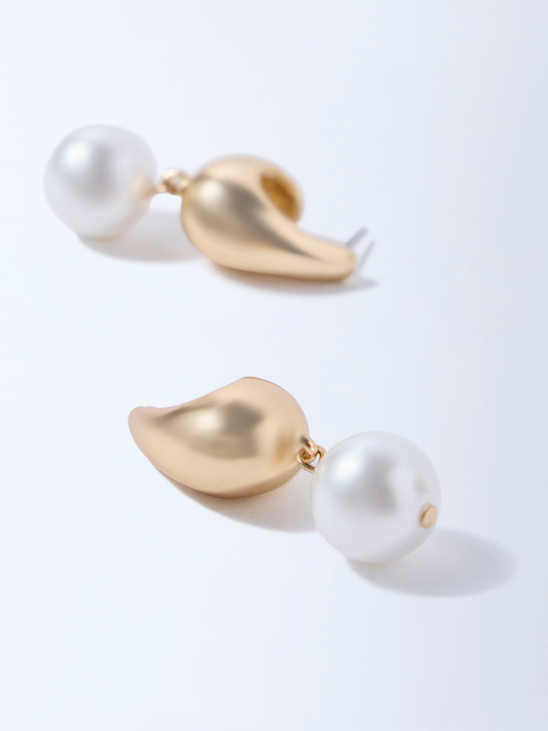 Westside Accessories Gold Pearl Dangler Hoop Earrings