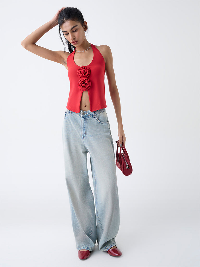 Buy Nuon Red Rosette-Detailed Halter-Neck Top from Westside