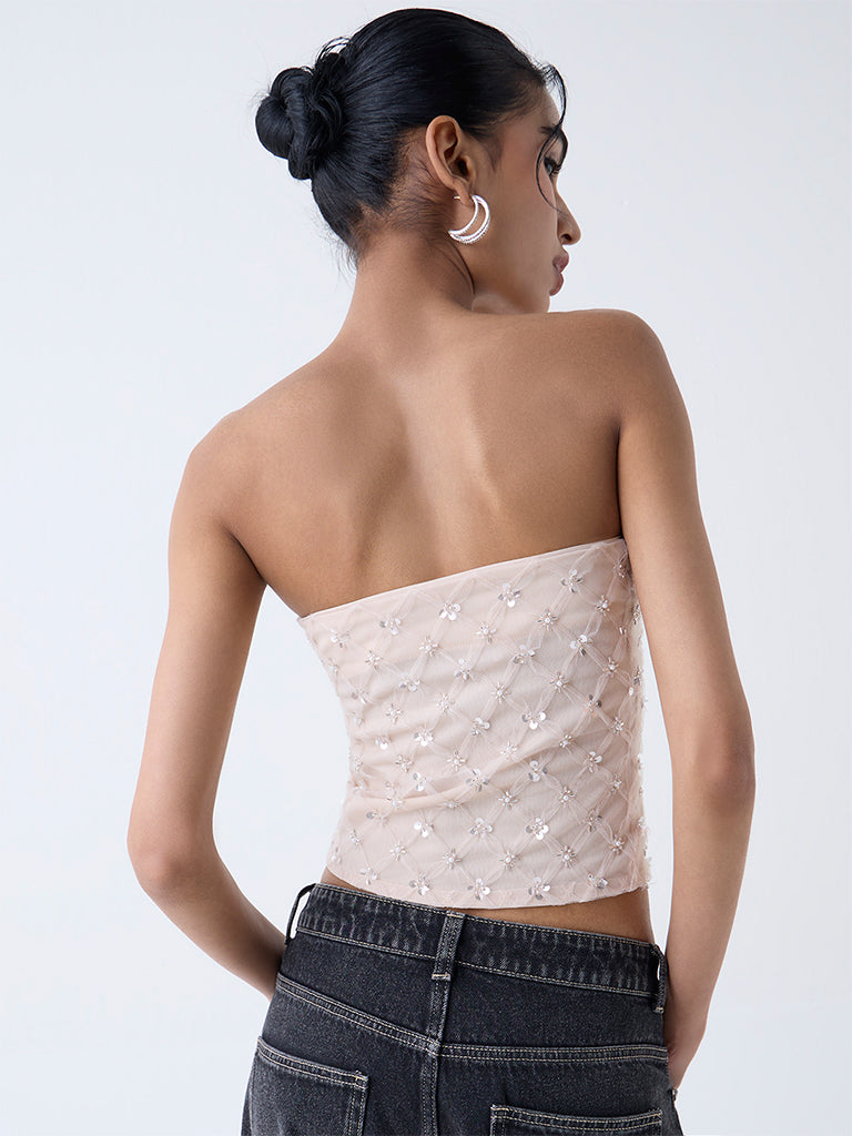 Nuon Beige Sequin Embellished Tube Top