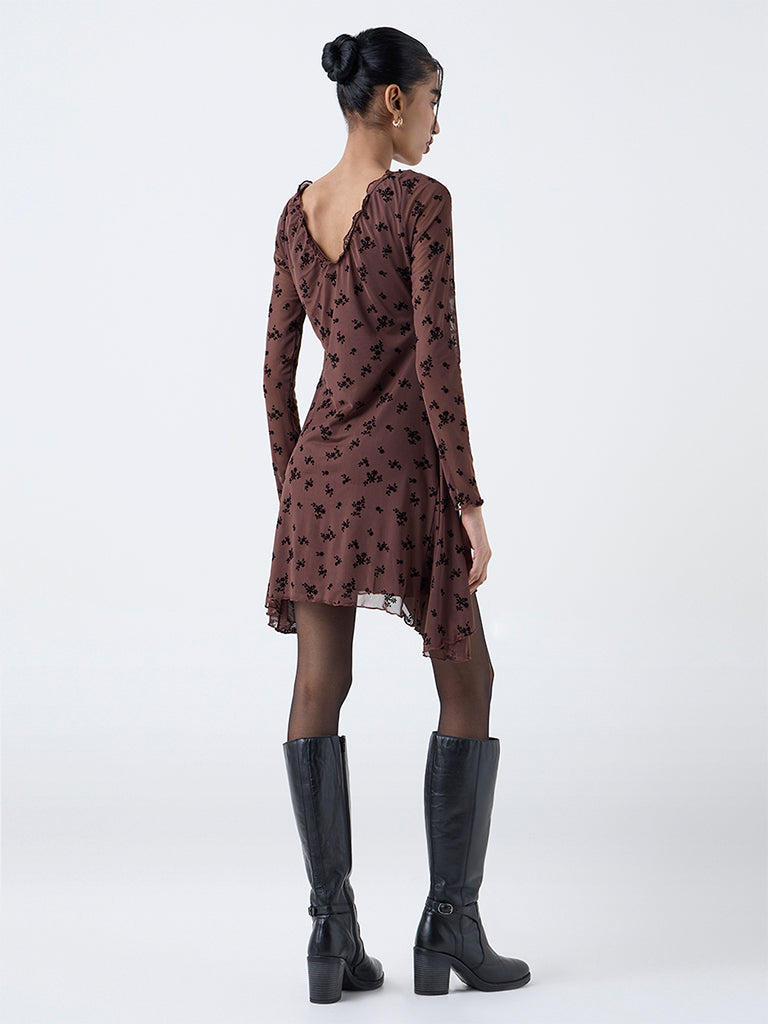 Nuon Brown Floral Printed Asymmetrical Dress