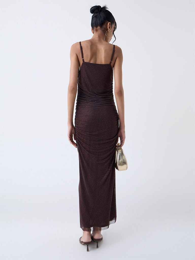 Nuon Dark Brown Embellished Party Bodycon Dress