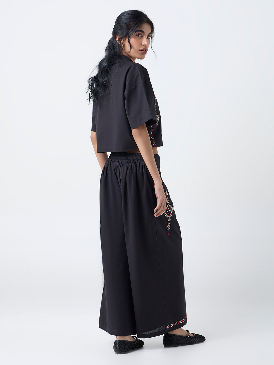 Bombay Paisley Black Embroidered Cotton-Blend Pants
