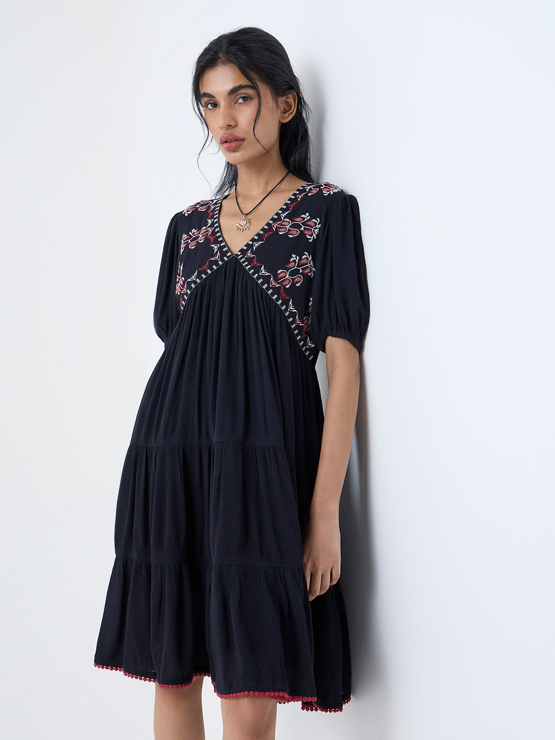 Buy Bombay Paisley Black Embroidered Empire A-Line Dress from Westside