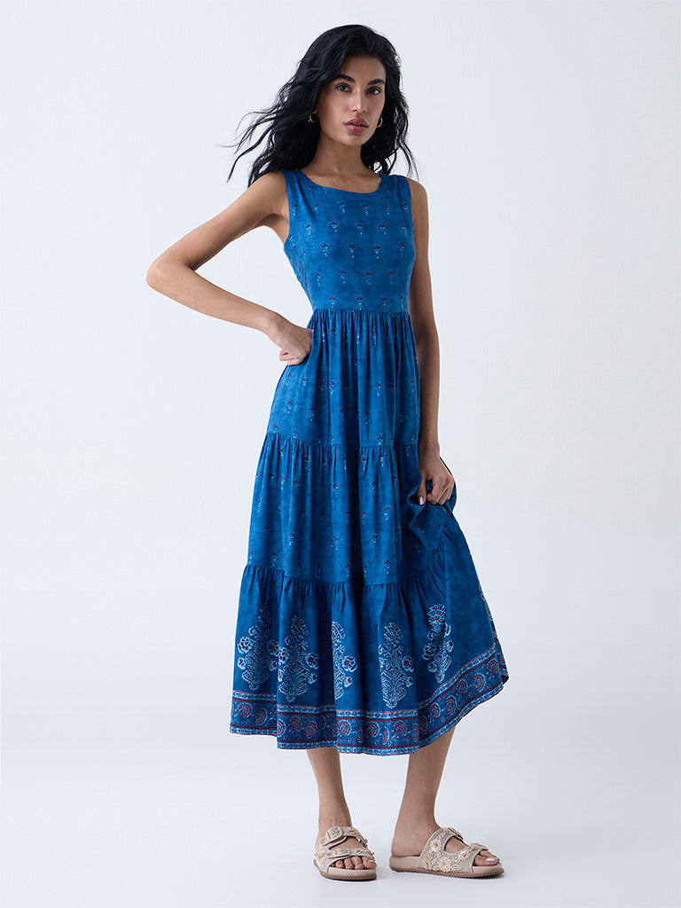 Buy Bombay Paisley Blue Floral Pattern Tiered Dress from Westside