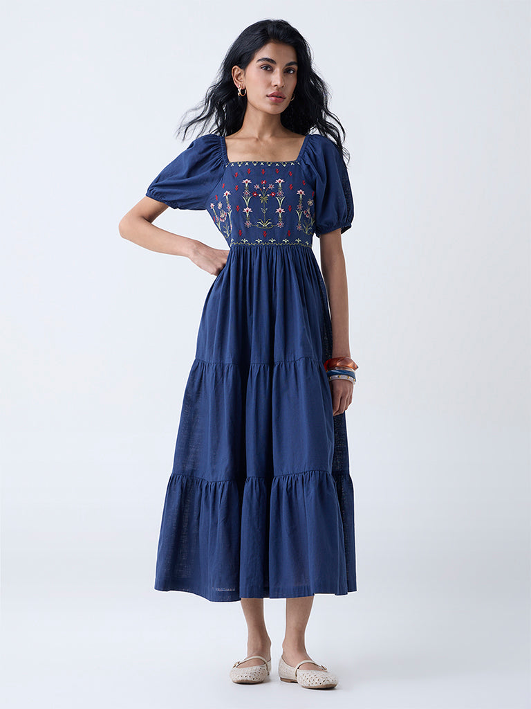 Buy Bombay Paisley Dark Blue Embroidered Cotton Tiered Dress from Westside