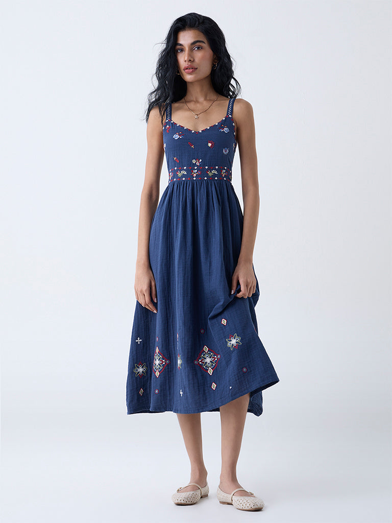 Buy Bombay Paisley Dark Blue Embroidered Cotton A-Line Dress from Westside Buy Bombay Paisley Dark Blue Embroidered Cotton A-Line Dress from Westside
