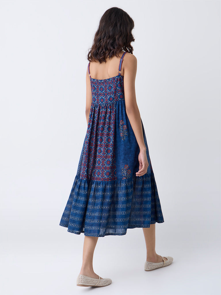 Bombay Paisley Blue Printed Cotton Tiered Dress