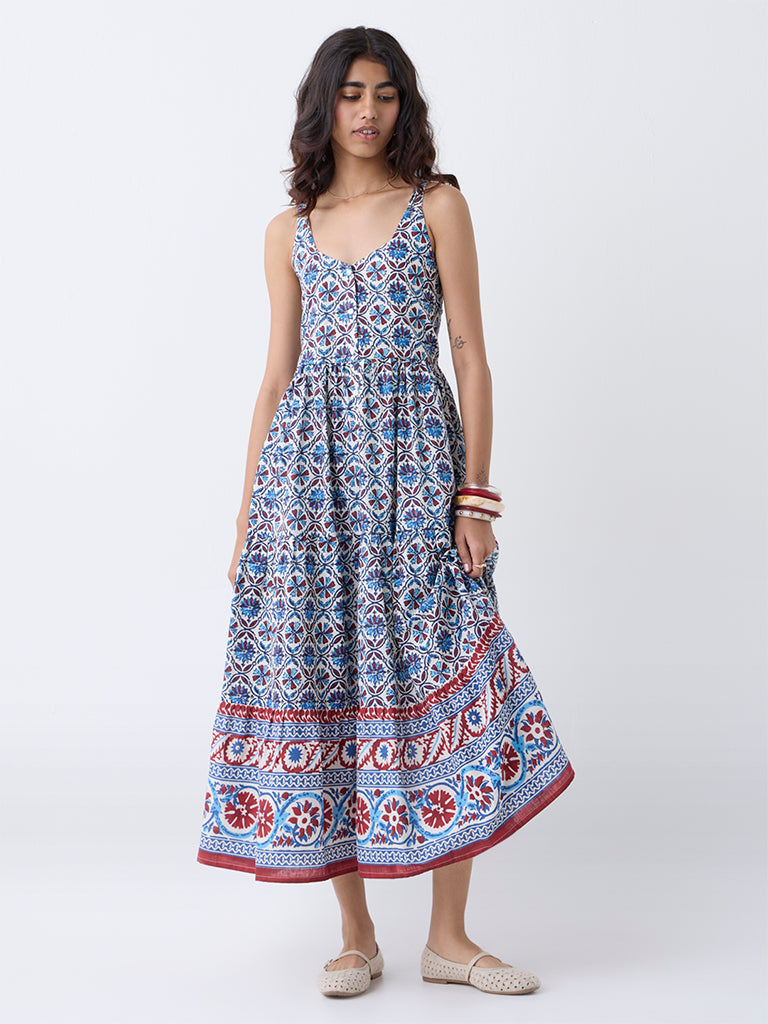 Buy Bombay Paisley Blue Floral Cotton Tiered Dress from Westside